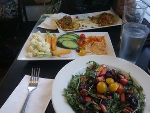 Roasted Beet Salad, Vegetable Hummus Plate, Chorizo Tacos (with tofu) at The Coronado PHX in Phoenix