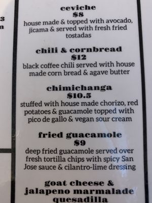 Partial menu at The Coronado PHX in Phoenix