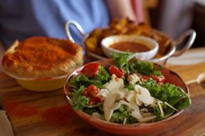 'Beef' pie with salad and wedges at From the Art Ethical Handicrafts and Cafe in Ashwood