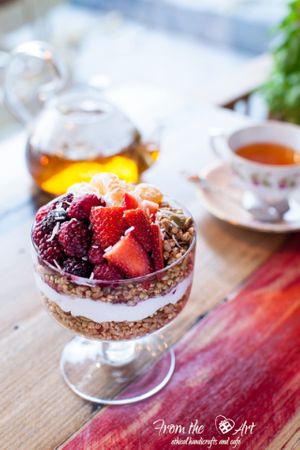 Miracle muesli tiramisu - with coconut yoghurt and seasonal fruit at From the Art Ethical Handicrafts and Cafe in Ashwood