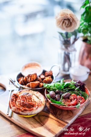 BBQ 'beef' pie, salad, and cajun roasted wedges with house-made vegan chipotle mayo at From the Art Ethical Handicrafts and Cafe in Ashwood