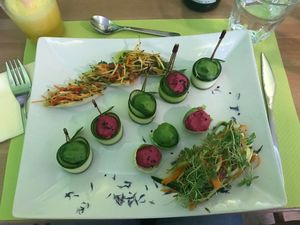Raw vegan: beetroot puree and avocado puree with salad  at Biofresh in Mulhouse