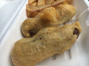 battered sausage & chips  at A Little Piece of Sky in Newcastle Upon Tyne