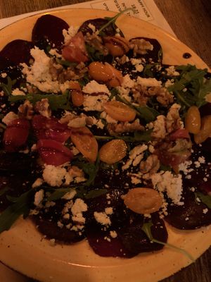 Beetroot carpaccio with cashew cheese  at Shuffle Pub in Tel Aviv