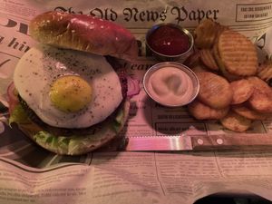 Vegan cheeseburger with an egg  at Shuffle Pub in Tel Aviv