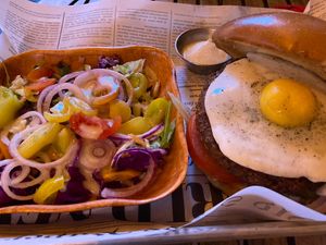 Vegan burger + vegan egg   at Shuffle Pub in Tel Aviv