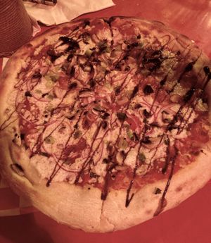 Vegan pizza with mushrooms and new delicious cheese  at Shuffle Pub in Tel Aviv