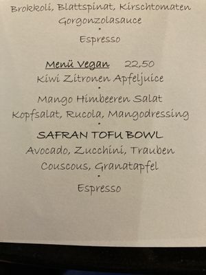 Vegan lunch menu changes daily  at Manna in Innsbruck