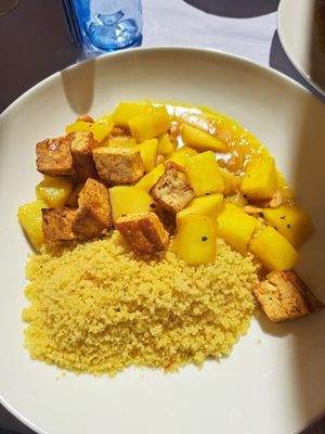 Cous cous with pineapple, peanuts and marinated tofu at Manna in Innsbruck