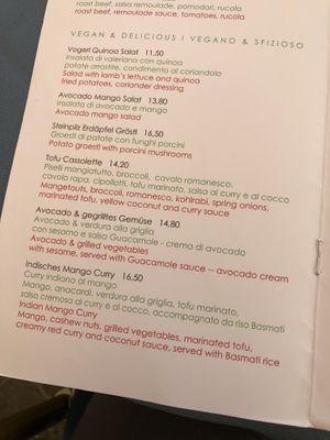 Vegan items on the menu at Manna in Innsbruck