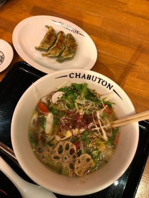 Vege ramen and vege gyozo at Chabuton in Kyoto