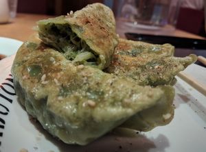 350 yen for 5 veggie gyoza. at Chabuton in Kyoto