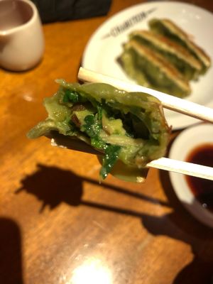 Inside the gyoza, I think was mushrooms and spinach  at Chabuton in Kyoto
