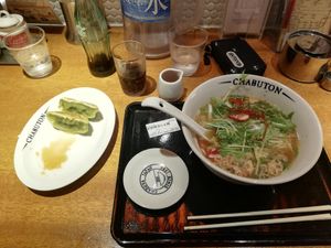 Ramen and gyoza (half of the gyoza already eaten) at Chabuton in Kyoto