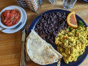 Veganized huevos Mexicano - tofu instead of eggs and no cheese. Very good! at Walnut Avenue Cafe in Santa Cruz