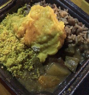 Pratinho de vatapá, moqueca, baião e farofa.  at Malagheta Culinaria Vegana in Fortaleza