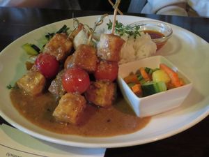 Tofu skewers in peanut sauce (vegan) at Cafe Bali in Saarbrucken