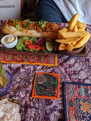 Their curry dog and chips with garlic mayo at Cafe Shanti in Lincoln