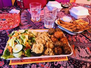 Mezze plate with sweet potato fries at Cafe Shanti in Lincoln