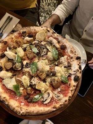 Carciofi e funghi with added sausage  at Gigi Pizzeria in Newtown