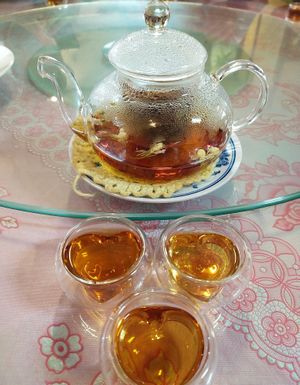 Tea set (w cute heart shaped tea cups) at Kampung Vege in Malacca