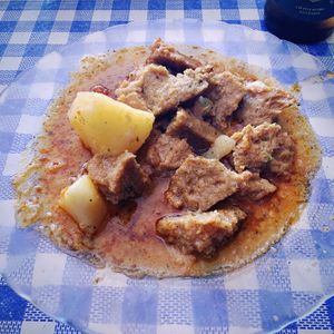 Potatoes and seitan for main.  at Somos Lo Que Comemos in Tenerife