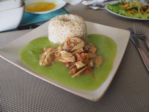 main course with pea sauce and fake meat at Muya Vegan Cafe - Maybe closed in Trujillo