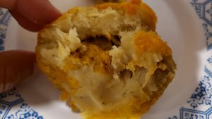 Interior of coxinha de jaca (R$10). Tasty, but microwaved at Dona Augusta in Sao Paulo