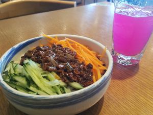 Sesame noodle and dragonfruit juice at The Buddha Tree in Shanghai