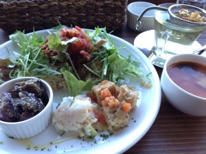Taco plate served with grilled aubergines, potato salad
and miso soup at Veg Out in Kyoto
