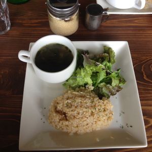 soup, rice and salad  at Veg Out in Kyoto