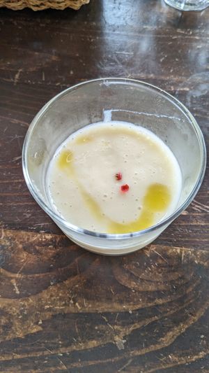 Potato soup as a little starter that was given to us for free at Veg Out in Kyoto