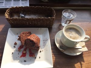 Vegan muffin and maya nuts au lait at Veg Out in Kyoto