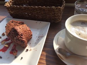 Vegan muffin and maya nuts au lait at Veg Out in Kyoto