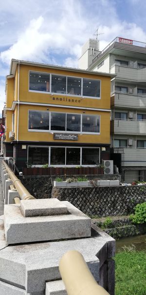Building as seen from the bridge at Veg Out in Kyoto