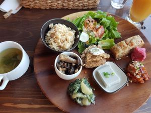 Lunch with miso soup at Veg Out in Kyoto