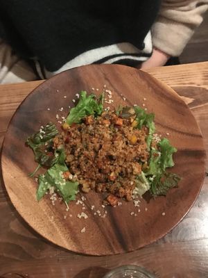 Tempeh and fried rice at Veg Out in Kyoto