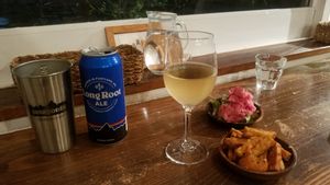 white wine, Patagonia Long Root Ale, fried tempeh, potato and beetroot salad  at Veg Out in Kyoto