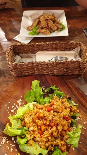 Soy meat and fried rice at Veg Out in Kyoto