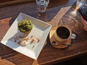 Matcha choc chip muffin and daily drip coffee at Veg Out in Kyoto
