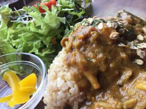 Curry never looks so good but the taste of this one was so balanced and filled with great little surprises like mushrooms!  at Veg Out in Kyoto