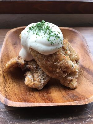 Fried soya meat! Yes please . at Veg Out in Kyoto