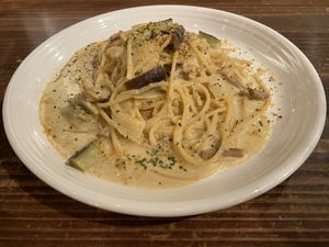 Vegan pasta carbonara  at Veg Out in Kyoto