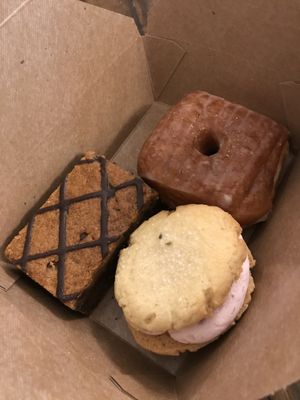 Cookie/brownie fusion (odd tasting), YOLO (good but too sweet), Glazed doughnut from Valkyrie Doughnuts (good glaze, dough a bit dry). at Valhalla Bakery in Orlando