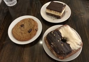Chocolate chip cookie (good), Nanaimo bar (good), doughnut from Valkyrie Doughnuts (a bit dry). at Valhalla Bakery in Orlando