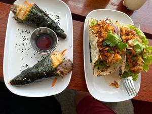 Mushroom hand wrapped sushi jackfruit, tacos at VegetaBowl in Koh Tao