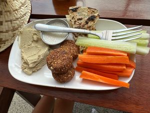Mediterranean platter: hummus, carrots, cucumber, falafel at VegetaBowl in Koh Tao
