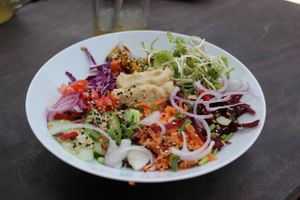 Fresh bowl, delicious. Garlicky tahini dressing at VegetaBowl in Koh Tao
