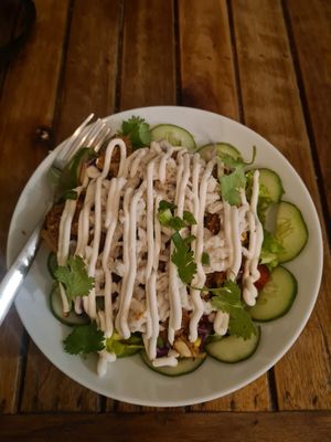 Jackfruit bowl with vegan cheese at VegetaBowl in Koh Tao