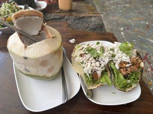 Jackfruit tacos and young coconut drink  at VegetaBowl in Koh Tao